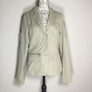 Khaki military style embellished jacket zipper studs details sleeve pocket M